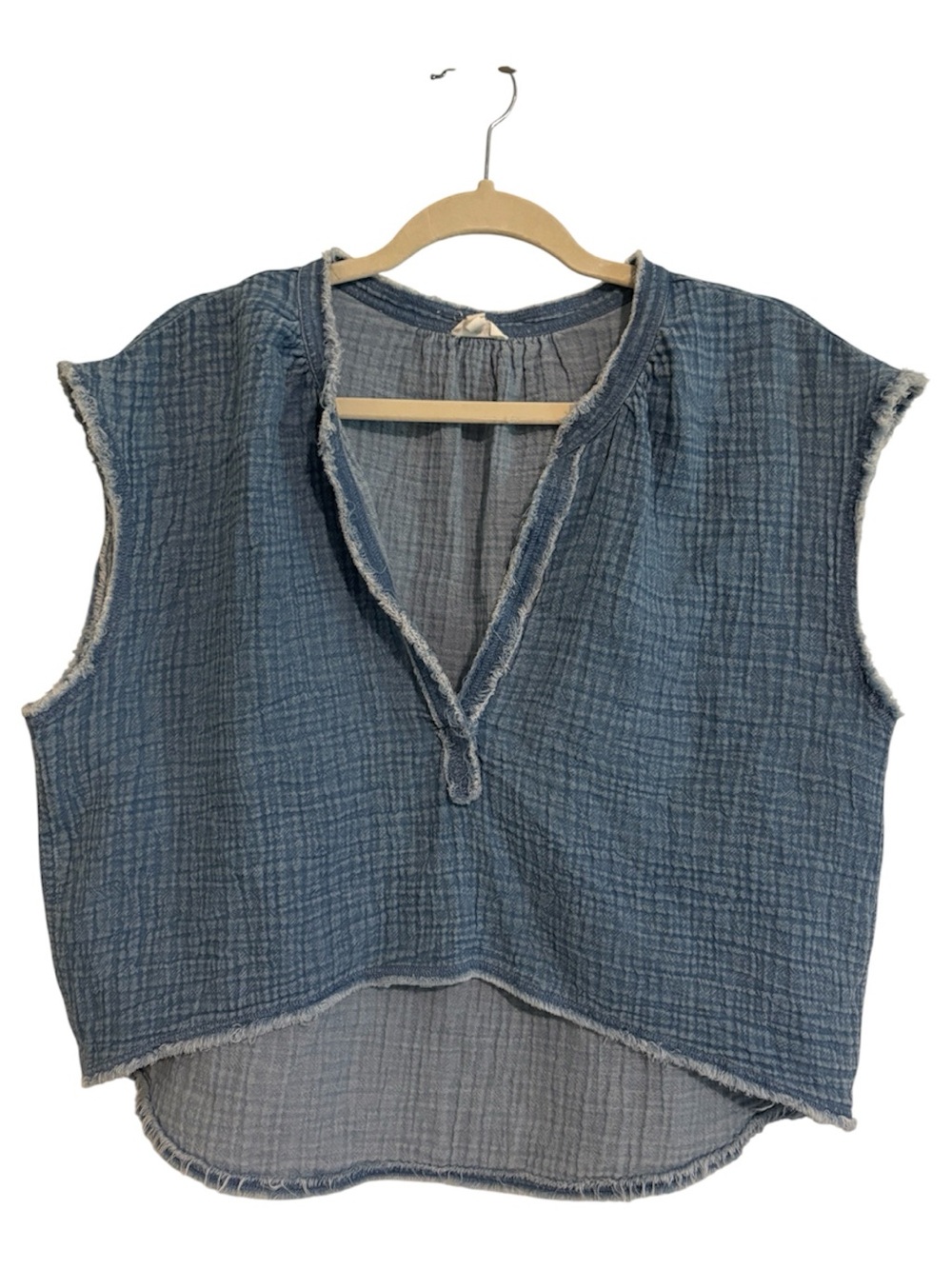 aerie Small Pool to Party Blue Textured Cotton Sleeveless V-Neck Top Oversized